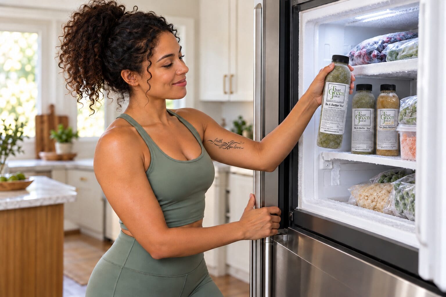 A woman reaching for That Green Juice in her freezer, with Original and Gold bottles on the shelf