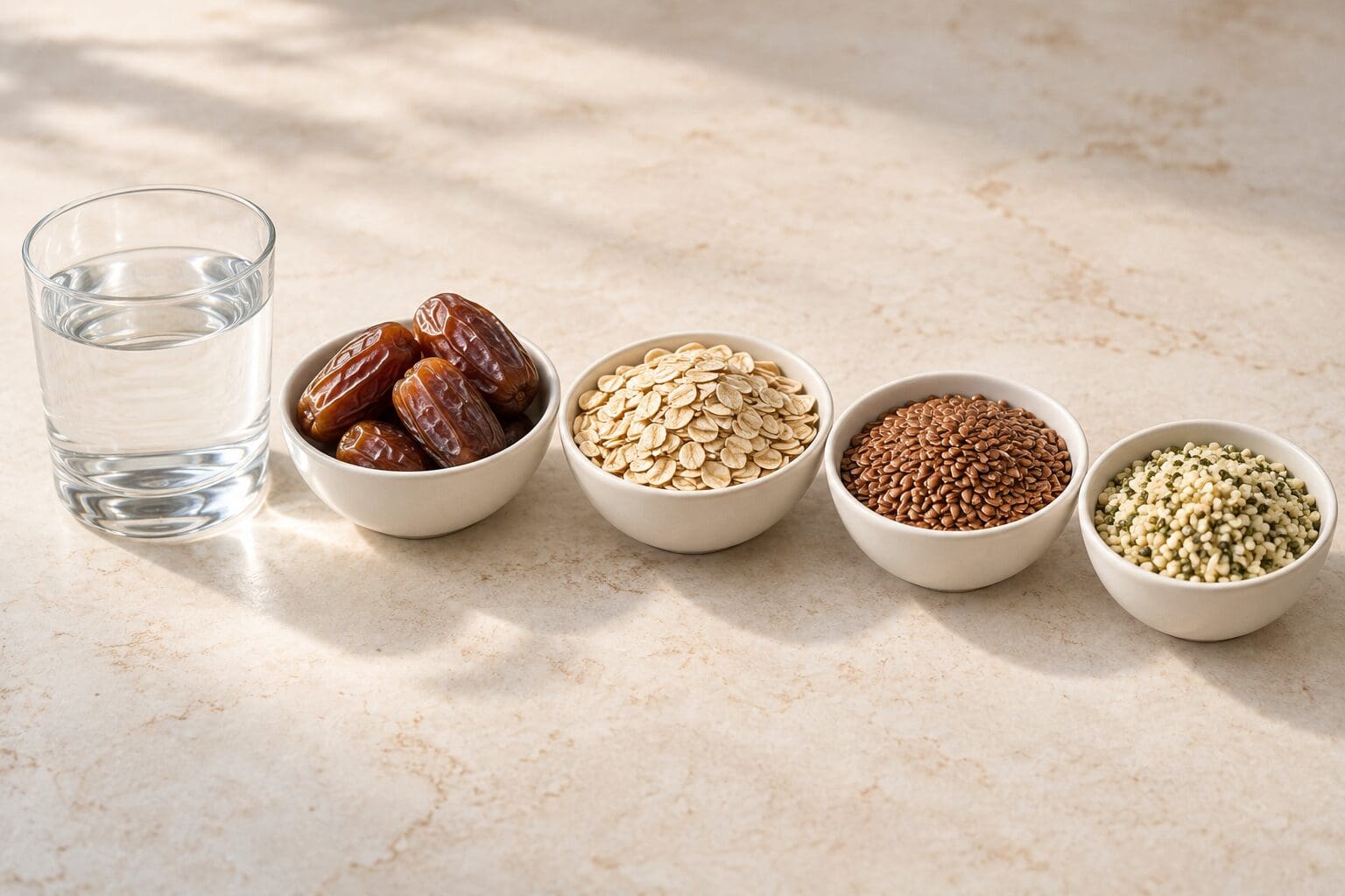 Water, dates, oats, flaxseed and hemp hearts