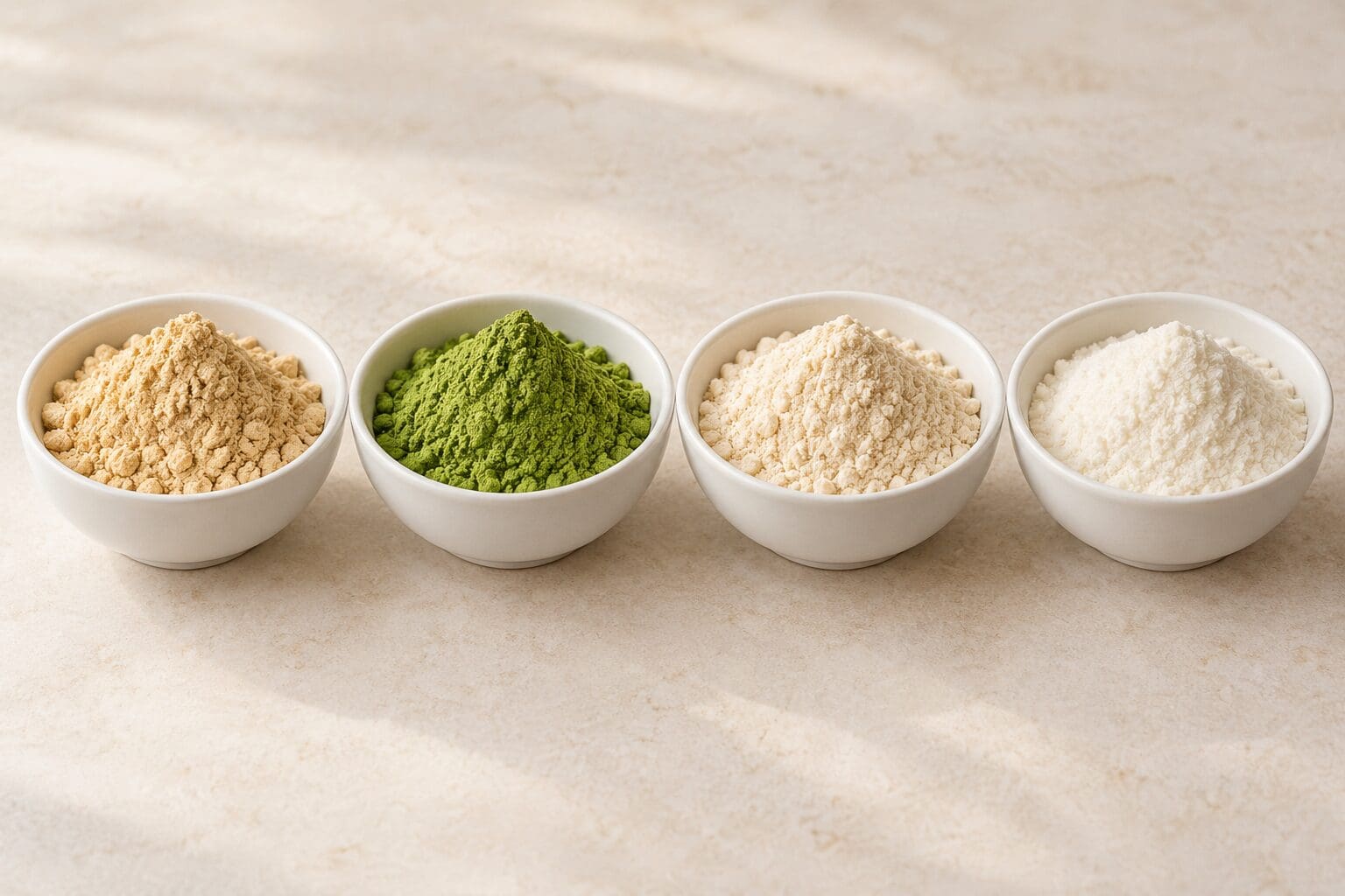 Maca, matcha, baobab and acacia fiber powders
